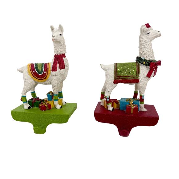 Set of 2 Whimsical Resin Llama Festive Christmas Stocking Hangers Heavy Duty - Picture 1 of 8